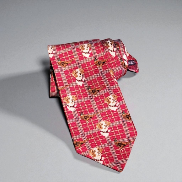 BOB TIMBERLAKE Pheasant Hunting Bird Dogs Red Plaid Neck Tie 100% Silk T12 - Picture 1 of 5